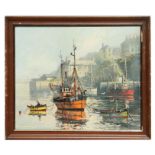 Gordon Allen - A Brixham Harbour Scene with Moored Fishing Boats - oil on canvas, signed lower