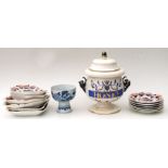 A quantity of 19th century Imari palette dinner wares; together with an oversized honey pot and