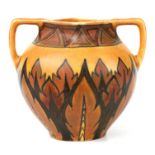 A George Clews Chameleon Ware Arts & Crafts two-handled vase decorated in the brown flame pattern,