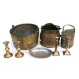A 19th century brass preserve pan; together with a brass water can; a brass coal scuttle,