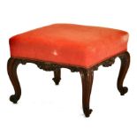 A George III style upholstered mahogany stool with cabriole legs, 46cms wide.