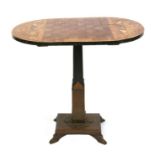 An Art Deco occasional table with oval parquet inlaid top, on a stepped column and rectangular base,