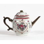 An 18th century Chinese famille rose teapot decorated with flowers with later white metal repair