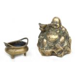 A Chinese miniature brass / bronze two-handled censer, 8cms wide; together with a cast figure of