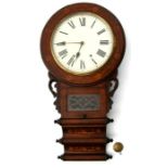 A 19th century marquetry inlaid drop-dial wall clock, the white painted dial with Roman numerals,