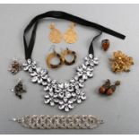 A quantity of costume jewellery to include a paste bracelet, an amber set silver ring and a gilt