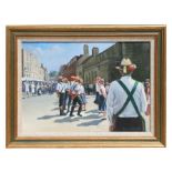 Ronald Homes (modern British) - Morris Dancers, Shaftesbury - oil on board, signed lower right,