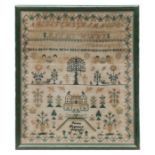 A mid 19th century sampler 'Susan Haywood August 1851' with central manor house, flowers, birds,