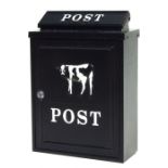 A modern metal wall hanging post box, the front panel decorated with a calf, 28cms wide.
