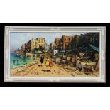 A Pisani - Continental Harbour Scene - signed lower left, oil on canvas, framed, 119 by 58cms.