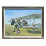 Ronald Homes (modern British) - Starting a Stubborn Stearman - oil on canvas, signed lower right,