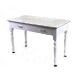 A painted pine marble topped washstand with two frieze drawers, on turned legs, 106cms wide.