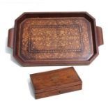 A Sorrento ware two-handled inlaid tray, 47cms wide; together with a rosewood drawing instrument box