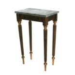 A Louis XV style marble topped table with reeded tapering legs, 46cms wide.