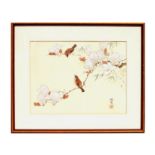 Chinese School, birds perched in a flowering magnolia tree, signed with red seal mark lower right