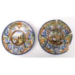 An Italian Castili style majolica plate, 23cms diameter; together with another similar plate in as