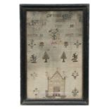 An early 19th century sampler 'Sophia ? December 13, 1807' with central house, trees, flowers and