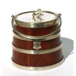 A coopered oak biscuit barrel with silver plated mounts, 14cms diameter.