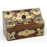 A Victorian burr walnut brass mounted desk top stationary box inset with agate cabochons, 23cms