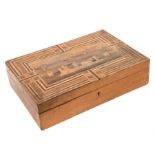 An inlaid sewing box with lift-out tray and sectioned interior, 32cms wide.