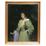 English schoool - a three quarter length portrait of a Victorian lady holding an umbrella, oil on
