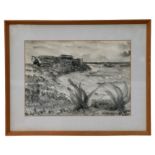 20th century school, a monochrome watercolour depicting a coastal scene, indistinctly signed lower