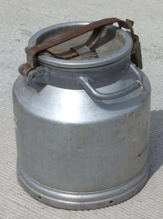 A 5 gallon aluminium milk churn, 32cms diameter.