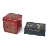 A Japanese black lacquer jewellery box decorated with a cockerel on a black ground, 21cms wide;