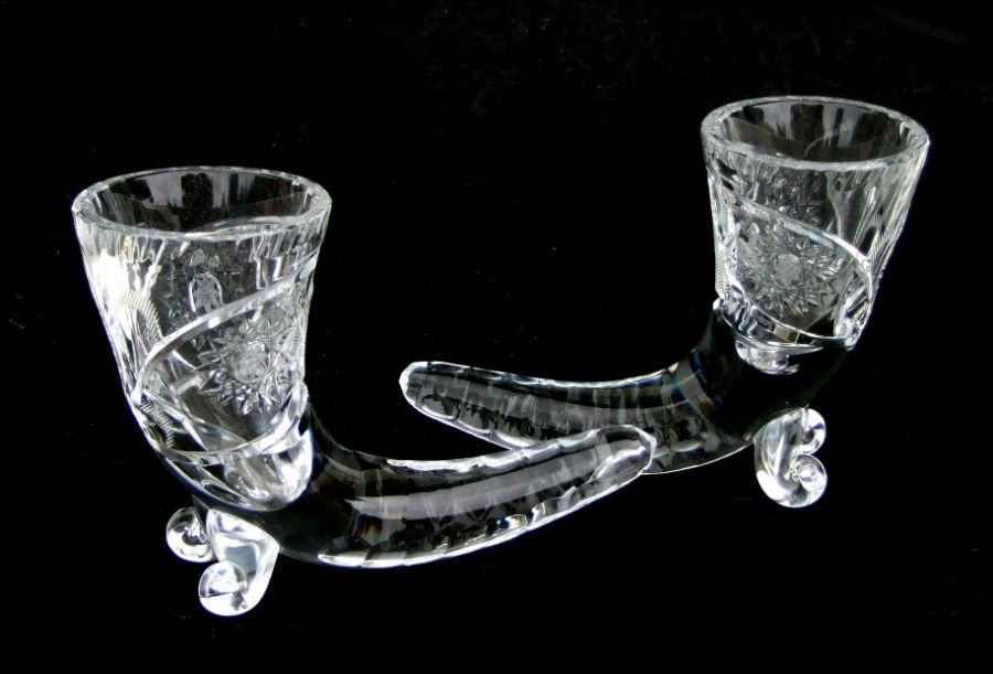 A pair of cut glass cornucopia vases, 15cms high (2).