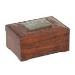 A Chinese hardwood box and cover, the cover inset with a jade / hardstone carved panel, 13cms wide.