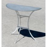A garden or conservatory table with demi-lune zinc top, 80cms wide.
