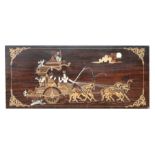 An Asian inlaid hardwood panel depicting a ceremonial carriage. 80 by 35cm