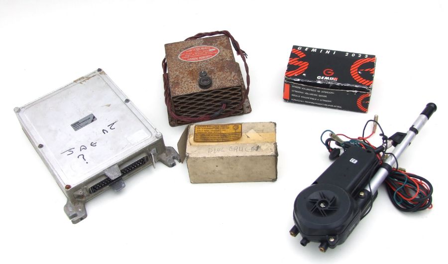 Assorted spares and garage equipment to include a Jaguar Electronic Fuel Coolant Unit, Mercedes Dial