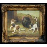 A 19th century style coloured print - Farmyard Scene with Dogs Harassing a Turkey - framed &