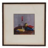Drew Miller - Still Life of a Candlestick, Books and Vase on a Table top - watercolour, signed &