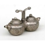 A Chinese cast metal double teapot or sake pot, approx 20cms wide.