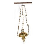 A brass hanging lamp with winged cherub supports, 28cms high without chain.