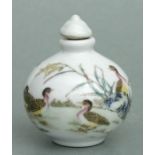 A Chinese famille rose snuff bottle of globular form decorated with geese and calligraphy, four