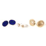 A pair of 9ct gold oval stud earrings, 5.9g; together with a pair of yellow metal mounted lapis
