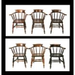 A harlequin set of six beech, pine and elm smoker's bow armchairs (6).