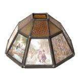 A brass mounted coloured glass ceiling light with coloured KPM porcelain panels, 36cms diameter.