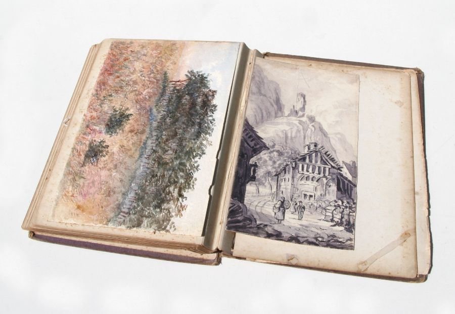 A Victorian scrap album containing various watercolours of subjects to include landscapes, botanical - Image 5 of 6