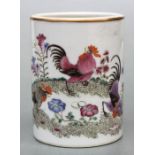 A Chinese famille rose Bitong or brush pot decorated with chickens, red seal mark to the