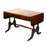 A late 19th century rosewood crossbanded mahogany sofa table with two frieze drawers and two dummy