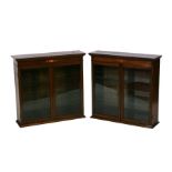 A pair of Bright's of Nettlebed inlaid mahogany wall mounted display cabinets with wall supports and