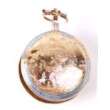 A yellow metal and enamel cased full hunter fob watch, the case decorated with a cherub and dog on
