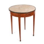 A French inlaid gueridon with brass mounted figured marble top on square tapering legs, 61cms