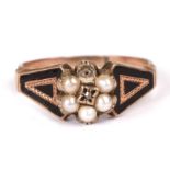 A Georgian yellow metal enamel pearl and diamond mourning ring with inset hair plait to the