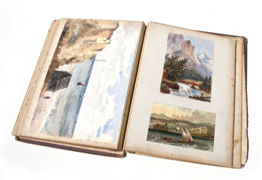 A Victorian scrap album containing various watercolours of subjects to include landscapes, botanical