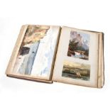 A Victorian scrap album containing various watercolours of subjects to include landscapes, botanical